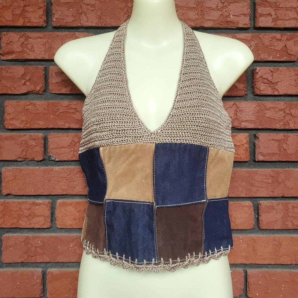 VTG Wilson Leather Maxima Halter Top Sz M Patchwork Denim Crochet Boho Festival